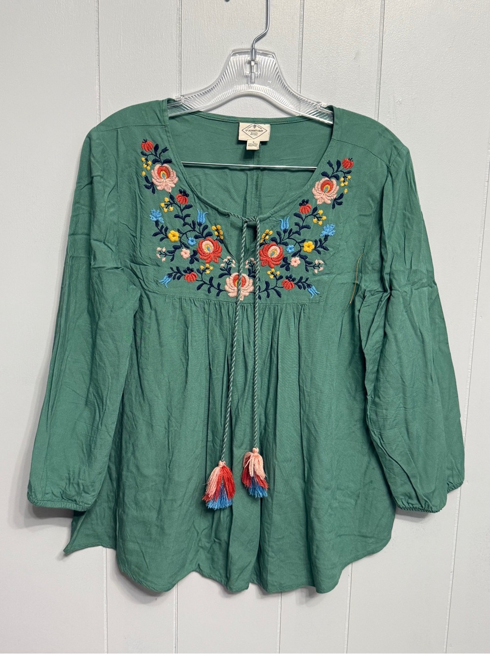 #19)  St. John's Bay Green Embroidered Peasant Tunic with Tassels